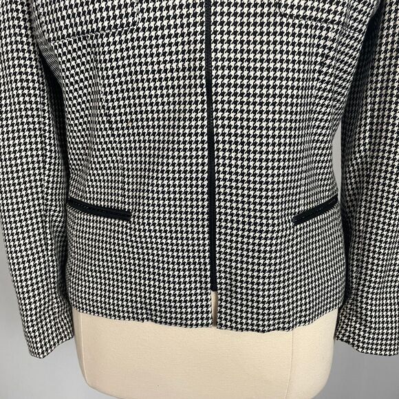 Vintage Jacket Size 14 Black White Houndstooth Full Zip Faux Leather Trim 90s - Picture 3 of 13